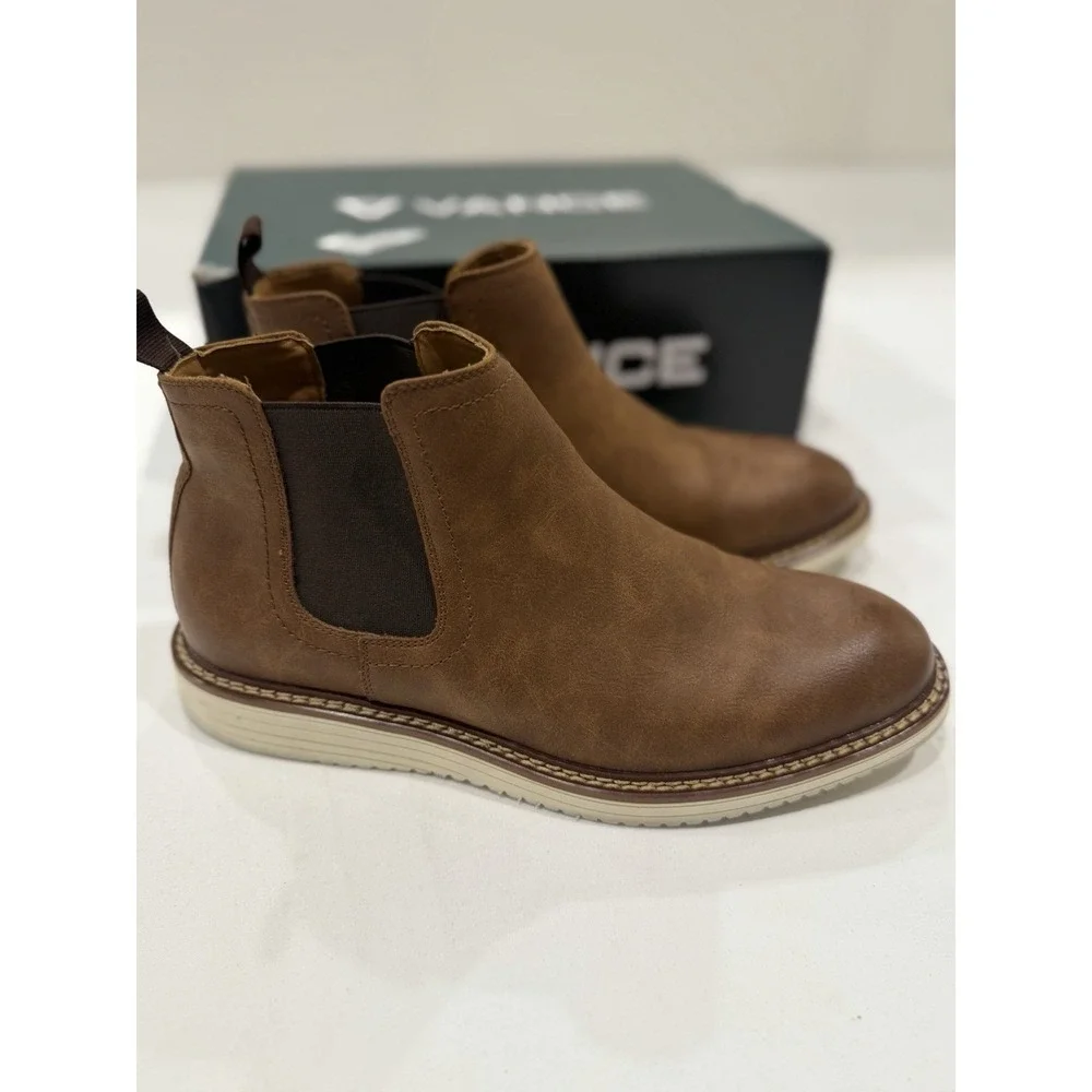 Vance Men's Size 8 Brown Leather Chelsea Ankle Boots Slip On Round Toe Fall NIB